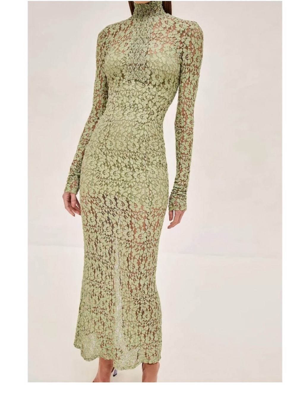 Alexis Sage Green Lace Long-Sleeve High-Neck Maxi Dress- size medium